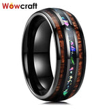 Awesome Real Opal Chip Wood Inlay Polished Comfort Fit Black Tungsten Rings Wedding Band