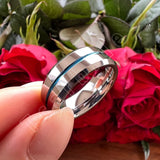 Beveled Polished Brushed Finish 8MM Two Tone Blue Groove Tungsten Carbide Comfort Fit Ring Men Women
