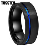 Astounding Offset Grooved Brushed Black Blue 8MM Comfort Fit Tungsten Carbide Wedding Band Men and Women Rings