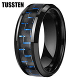 Black Blue Carbon Fiber Inlay Shiny Bevel Edges 6/8MM Men and Women Tungsten Comfort Fit Wedding Band
