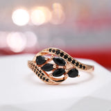 Luxury Design Water Drop 14K Rolled Rose Gold Women's Ring With Black AAA Zircon Crystals Elegant Party Jewelry