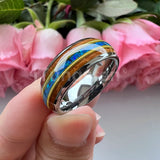 Gorgeous Whisky Wood Guitar String Inlay 8mm Tungsten Blue Opal Fashion Engagement Wedding Band for Men Women