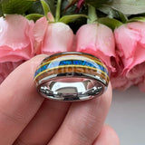 Gorgeous Whisky Wood Guitar String Inlay 8mm Tungsten Blue Opal Fashion Engagement Wedding Band for Men Women