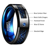Gorgeous Inlaid Black Dragon 8mm Width 2.3MM Thick Fashion Men's Blue Tungsten Carbide Ring for Wedding