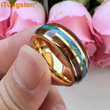 Fashion 8MM Crushed Turquoise And Koa Wood Inlay Domed Men Women Black Tungsten Carbide Wedding Comfort Fit Ring