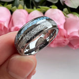 Blue Carbon Fiber And Meteorite Inlay 8mm Men Women Wedding Band Tungsten Carbide Comfort Fit Ring