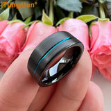 Offset Groove And Brushed Finish 8mm Black Blue Tungsten Carbide Comfort Fit Wedding Band Ring For Men Women