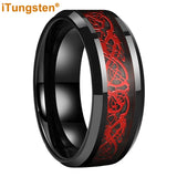 Awesome Blue Carbon Fiber Inlay Dragon 8mm Beveled Edges Ring for Men and Women Tungsten Comfort Fit Wedding Band