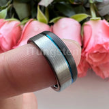 Offset Groove And Brushed Finish 8mm Black Blue Tungsten Carbide Comfort Fit Wedding Band Ring For Men Women