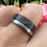 Offset Groove And Brushed Finish 8mm Black Blue Tungsten Carbide Comfort Fit Wedding Band Ring For Men Women