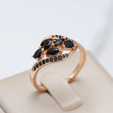 Luxury Design Water Drop 14K Rolled Rose Gold Women's Ring With Black AAA Zircon Crystals Elegant Party Jewelry