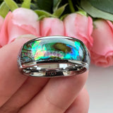 Superb Abalone Shell Inlay Domed Shape Polished Shiny Tungsten Carbide Ring Men, Women Comfort Fit Wedding Bands