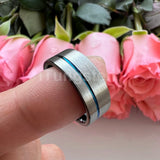 Offset Groove And Brushed Finish 8mm Black Blue Tungsten Carbide Comfort Fit Wedding Band Ring For Men Women