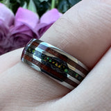 Fashion 8MM With Multicolor Opal and Koa Wood Inlay Men Women Domed Polished Tungsten Comfort Fit  Wedding Band