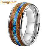 Gorgeous Whisky Wood Guitar String Inlay 8mm Tungsten Blue Opal Fashion Engagement Wedding Band for Men Women