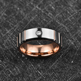 Gorgeous Dome Polished Zircon Horizontal Rosegold Groove 8mm Tungsten Carbide Steel Ring for Men Wedding Jewelry