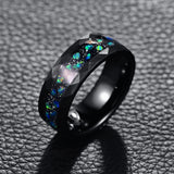 Electric Black 8mm Hammer Pattern Inlaid Black Sand Bottom Green Crushed Opal Tungsten Steel Rings for Men