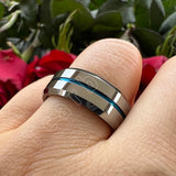 Beveled Polished Brushed Finish 8MM Two Tone Blue Groove Tungsten Carbide Comfort Fit Ring Men Women