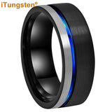Offset Groove And Brushed Finish 8mm Black Blue Tungsten Carbide Comfort Fit Wedding Band Ring For Men Women