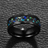 Electric Black 8mm Hammer Pattern Inlaid Black Sand Bottom Green Crushed Opal Tungsten Steel Rings for Men