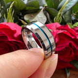 Beveled Polished Brushed Finish 8MM Two Tone Blue Groove Tungsten Carbide Comfort Fit Ring Men Women