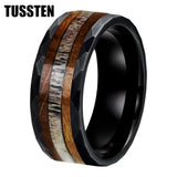 Super 8MM Whisky Wood Pilose Antler Ring Hammered Tungsten Pipe Cut Finish Comfort Fit Wedding Band For Men Women