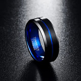 Awesome Blue & Black Matte Finish Beveled Edge Men's 8mm Tungsten Carbide Ring - Wedding Band