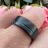 Offset Groove And Brushed Finish 8mm Black Blue Tungsten Carbide Comfort Fit Wedding Band Ring For Men Women