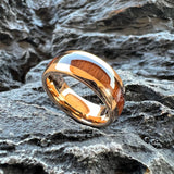Amazing 8mm Deep Rosewood Wood Inlay Black Tungsten Domed Fashion Engagement Wedding Ring for Men and Women