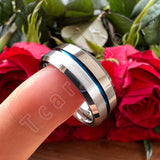 Beveled Polished Brushed Finish 8MM Two Tone Blue Groove Tungsten Carbide Comfort Fit Ring Men Women