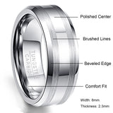 New Arrival Men's Beveled Edge Satin Brushed Stripes 8mm Polished Tungsten Carbide Wedding Band Rings