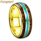 Fashion 8MM Crushed Turquoise And Koa Wood Inlay Domed Men Women Black Tungsten Carbide Wedding Comfort Fit Ring