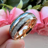 Blue Carbon Fiber And Meteorite Inlay 8mm Men Women Wedding Band Tungsten Carbide Comfort Fit Ring