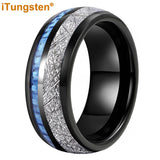 Blue Carbon Fiber And Meteorite Inlay 8mm Men Women Wedding Band Tungsten Carbide Comfort Fit Ring
