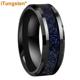 Awesome Blue Carbon Fiber Inlay Dragon 8mm Beveled Edges Ring for Men and Women Tungsten Comfort Fit Wedding Band