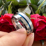 Beveled Polished Brushed Finish 8MM Two Tone Blue Groove Tungsten Carbide Comfort Fit Ring Men Women