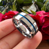 Beveled Polished Brushed Finish 8MM Two Tone Blue Groove Tungsten Carbide Comfort Fit Ring Men Women