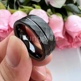 Flat Band Grooved Brushed 8mm Hammered Tungsten Carbide Comfort Fit Ring for Men Women - Fashion Wedding Jewelry