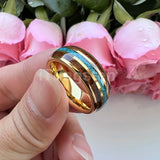 Fashion 8MM Crushed Turquoise And Koa Wood Inlay Domed Men Women Black Tungsten Carbide Wedding Comfort Fit Ring