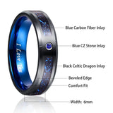 Gorgeous Inlaid Black Dragon 8mm Width 2.3MM Thick Fashion Men's Blue Tungsten Carbide Ring for Wedding
