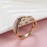 Dazzling Filled 14K Rose Gold Double White Black AAA+ CZ Diamonds Crossing Design Women Rings Luxury Gothic Jewelry