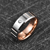 Gorgeous Dome Polished Zircon Horizontal Rosegold Groove 8mm Tungsten Carbide Steel Ring for Men Wedding Jewelry