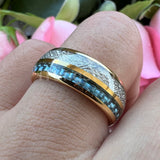 Blue Carbon Fiber And Meteorite Inlay 8mm Men Women Wedding Band Tungsten Carbide Comfort Fit Ring