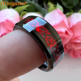 Awesome Blue Carbon Fiber Inlay Dragon 8mm Beveled Edges Ring for Men and Women Tungsten Comfort Fit Wedding Band
