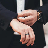 Sandstone and Gold Foil Inlay Beveled Edge Black Tungsten Carbide Ring Mens Wedding Bands 8mm Comfort Fit Rings