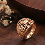 Elegant Hollow Texture Glossy Filled 14K Rose Gold Wide Rings For Women Vintage Ethnic Style Fashion Jewelry