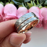 Flat Band Grooved Brushed 8mm Hammered Tungsten Carbide Comfort Fit Ring for Men Women - Fashion Wedding Jewelry
