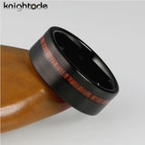 New Fashion 8mm Offset Flat Brushed Grooved Wood Inlay Tungsten Carbide Comfort Fit Wedding Band - Engagement Ring