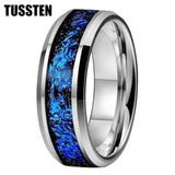 Blue Foil Inlay Beveled Polished Shiny 6/8MM Tungsten Ring for Men Women, Comfortable Fit Engagement Wedding Bands