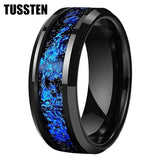 Blue Foil Inlay Beveled Polished Shiny 6/8MM Tungsten Ring for Men Women, Comfortable Fit Engagement Wedding Bands